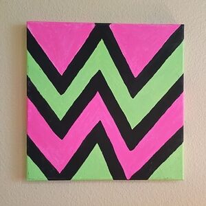 Original Neon Chevron Hand Painted Acrylic Canvas Art 12x12 Pink Green Black